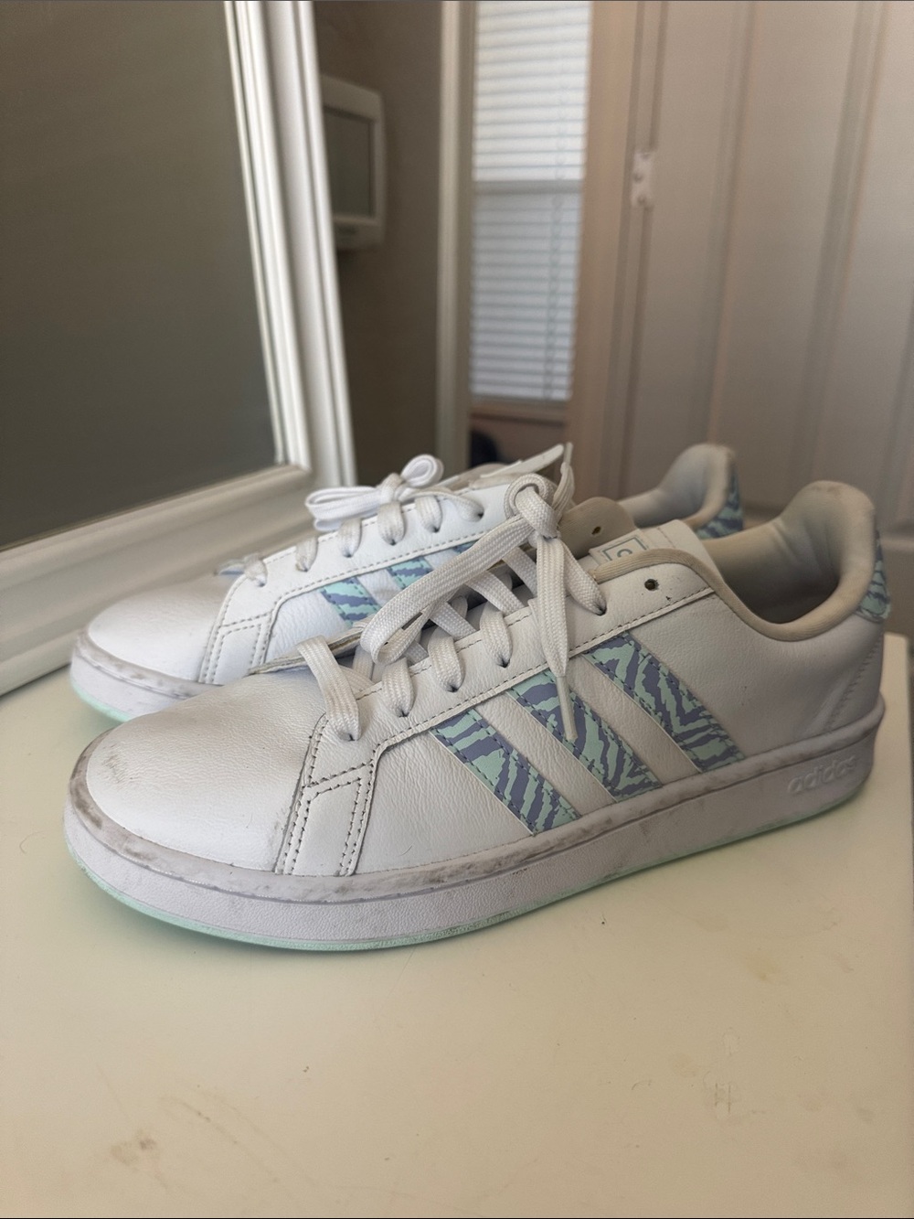adidas women White Sneakers with Mint Zebra Stripes